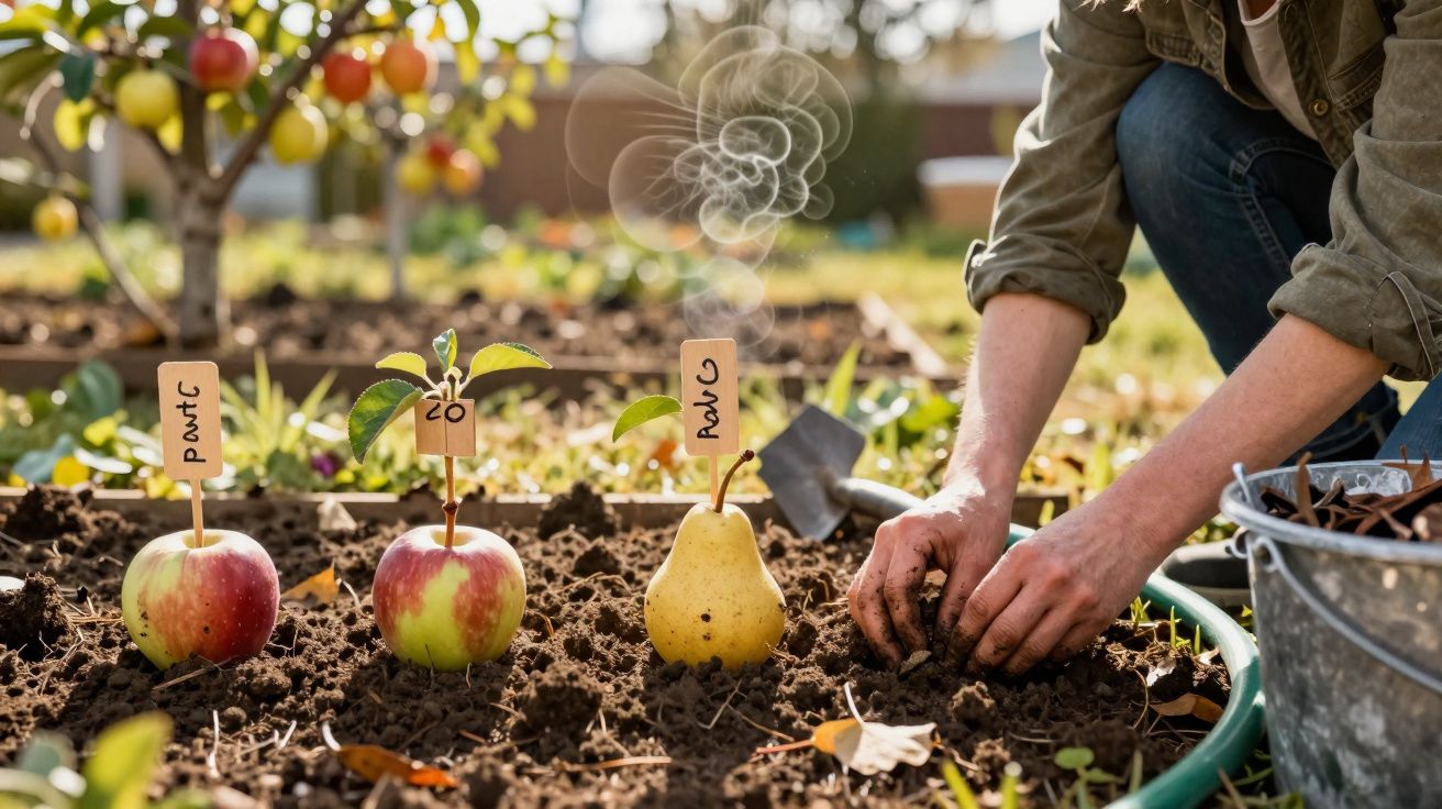 Trei fructe cu etichete plantate în pământ în grădină, mâinile unei persoane sapând lângă ele.