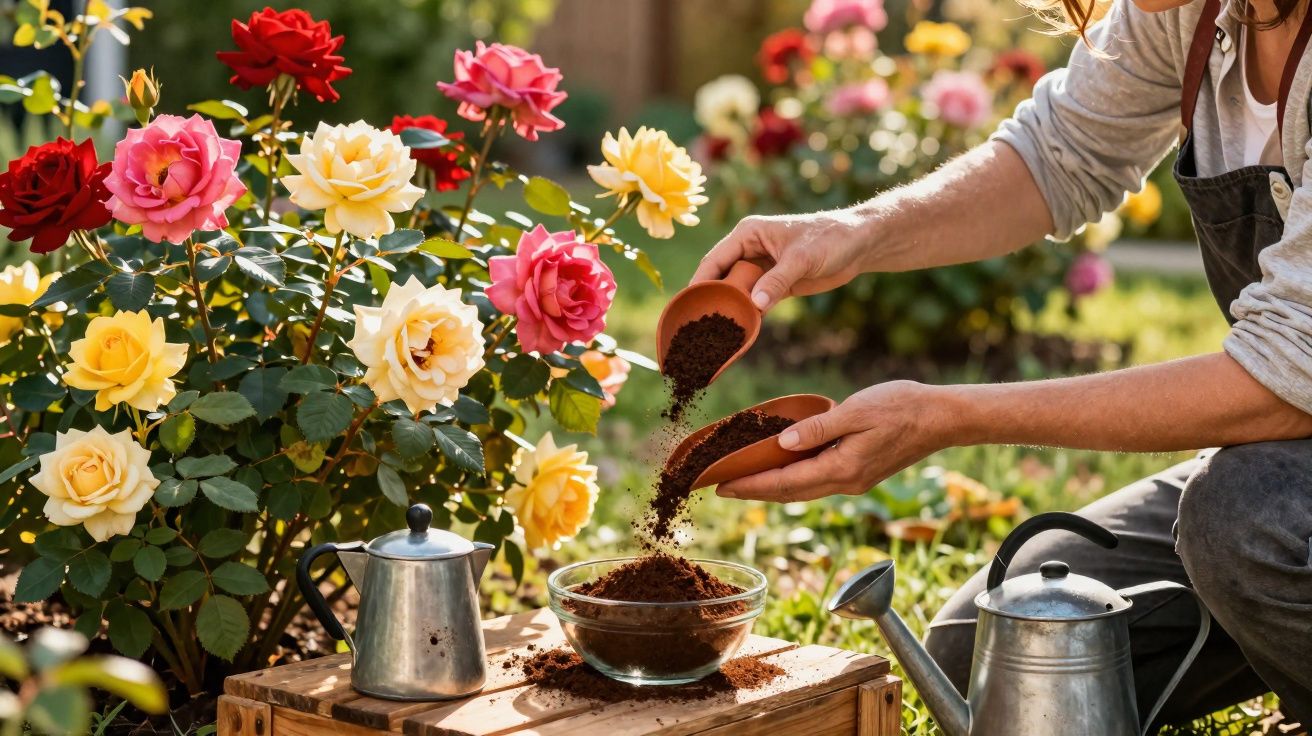 O persoană adaugă sol fertil în grădină lângă trandafiri colorați și un set de unelte de grădinărit.