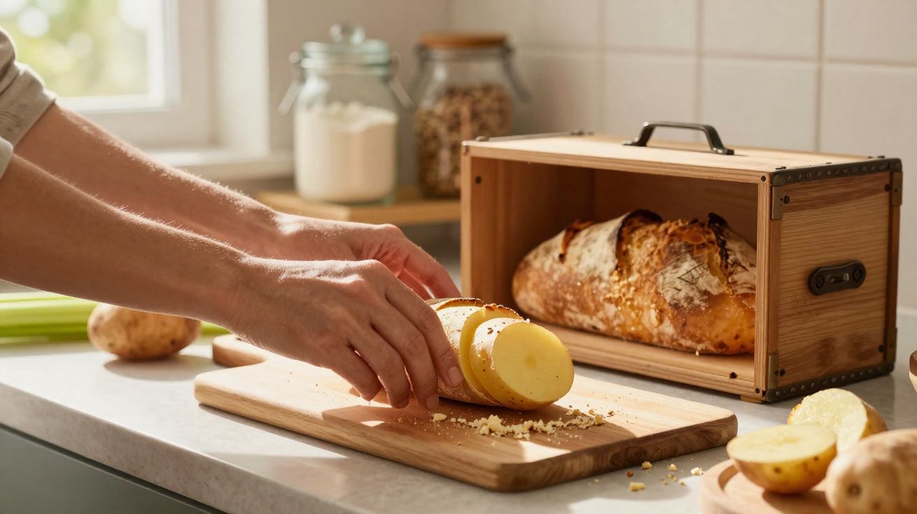 Mâini care taie cartofi pe un tocător lângă o casetă de lemn cu pâine proaspătă în bucătărie.