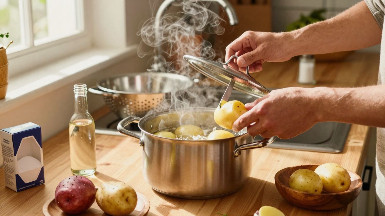 Persoană gătește cartofi fierți în oală cu aburi care ies în bucătărie luminosă.