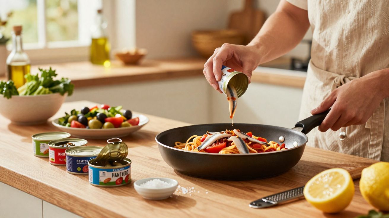 Persoană adaugă sos din conservă peste paste cu legume într-o tigaie într-o bucătărie luminoasă.