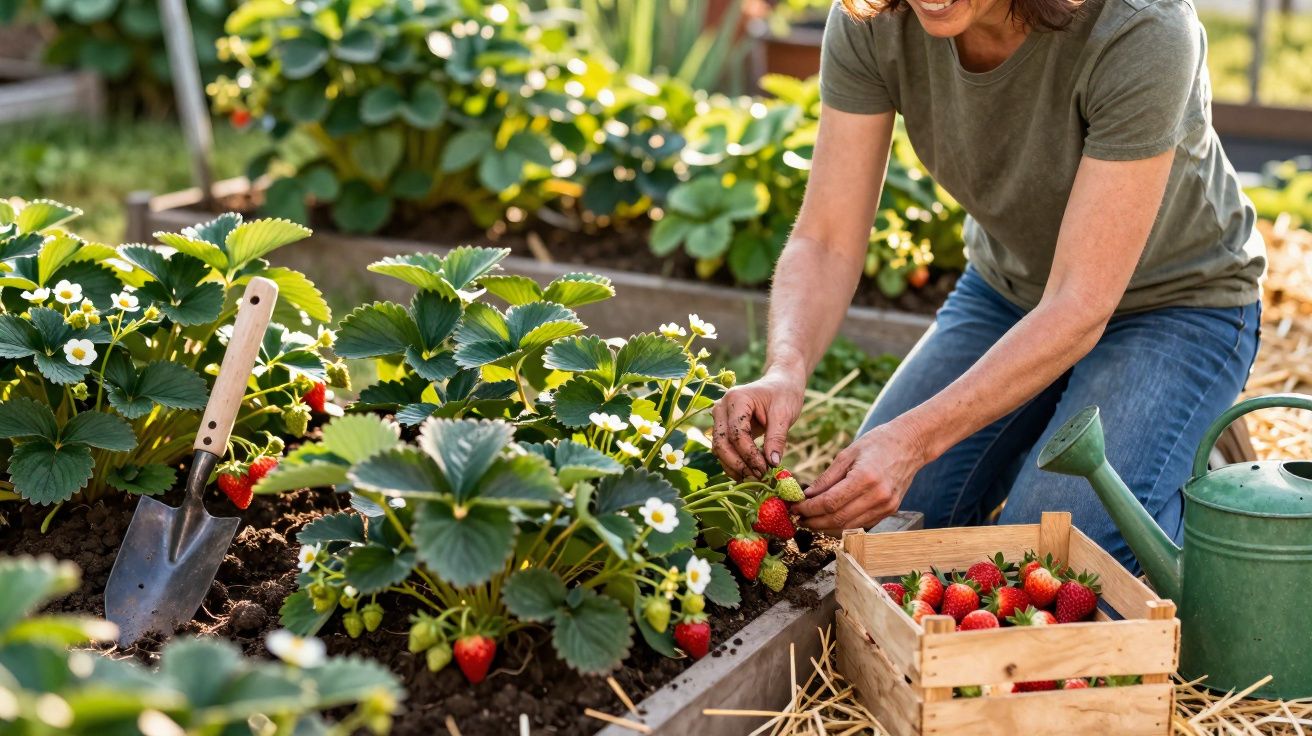 Femeie culege căpșuni coapte într-o grădină cu flori și verdeață, lângă o lopată și o stropitoare.
