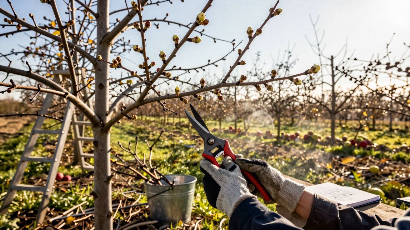 Persoană în mănuși tunde crengi cu foarfecă de grădină într-o livadă primăvara.