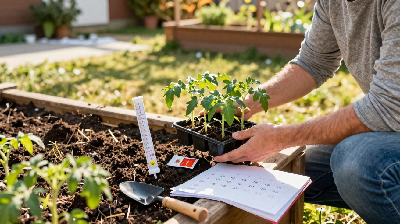 Persoană care plantează răsaduri de tomate într-o grădină, cu calendar și termometru lângă.