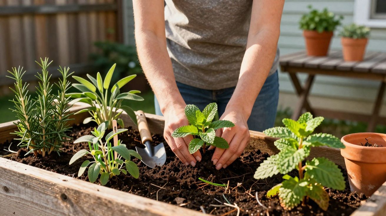 Persoană plantează plante aromatice într-o grădină urbană de lemn în timpul zilei însorite.
