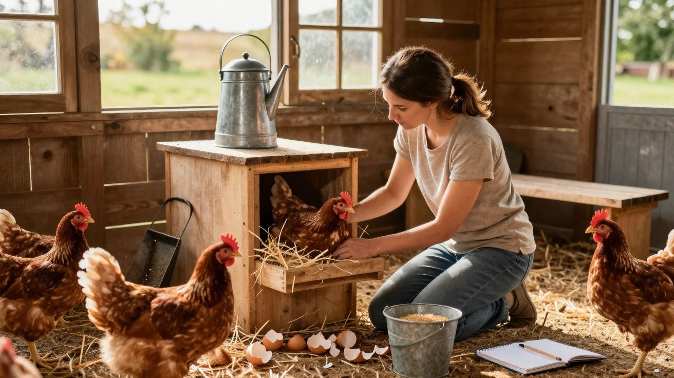 O femeie hrănește găini într-un coteț de lemn, cu coș de cereale și coajă de ouă pe jos.
