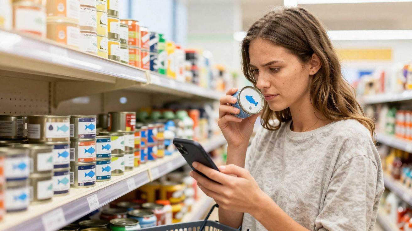 Femeie verificând eticheta unei conserve în magazin, ținând telefonul mobil într-o mână.