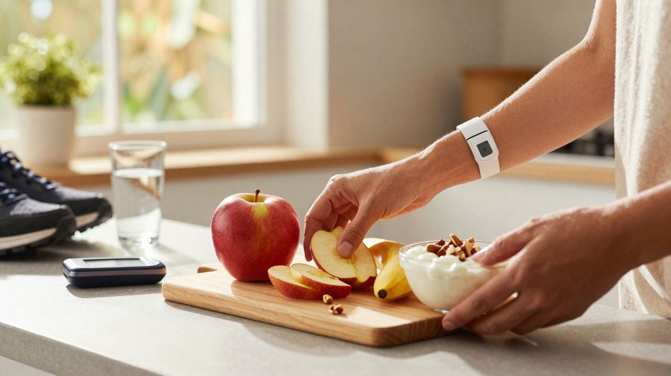 Persoană pregătind gustare sănătoasă cu mere, banane și iaurt cu nuci pe o masă în bucătărie luminoasă.