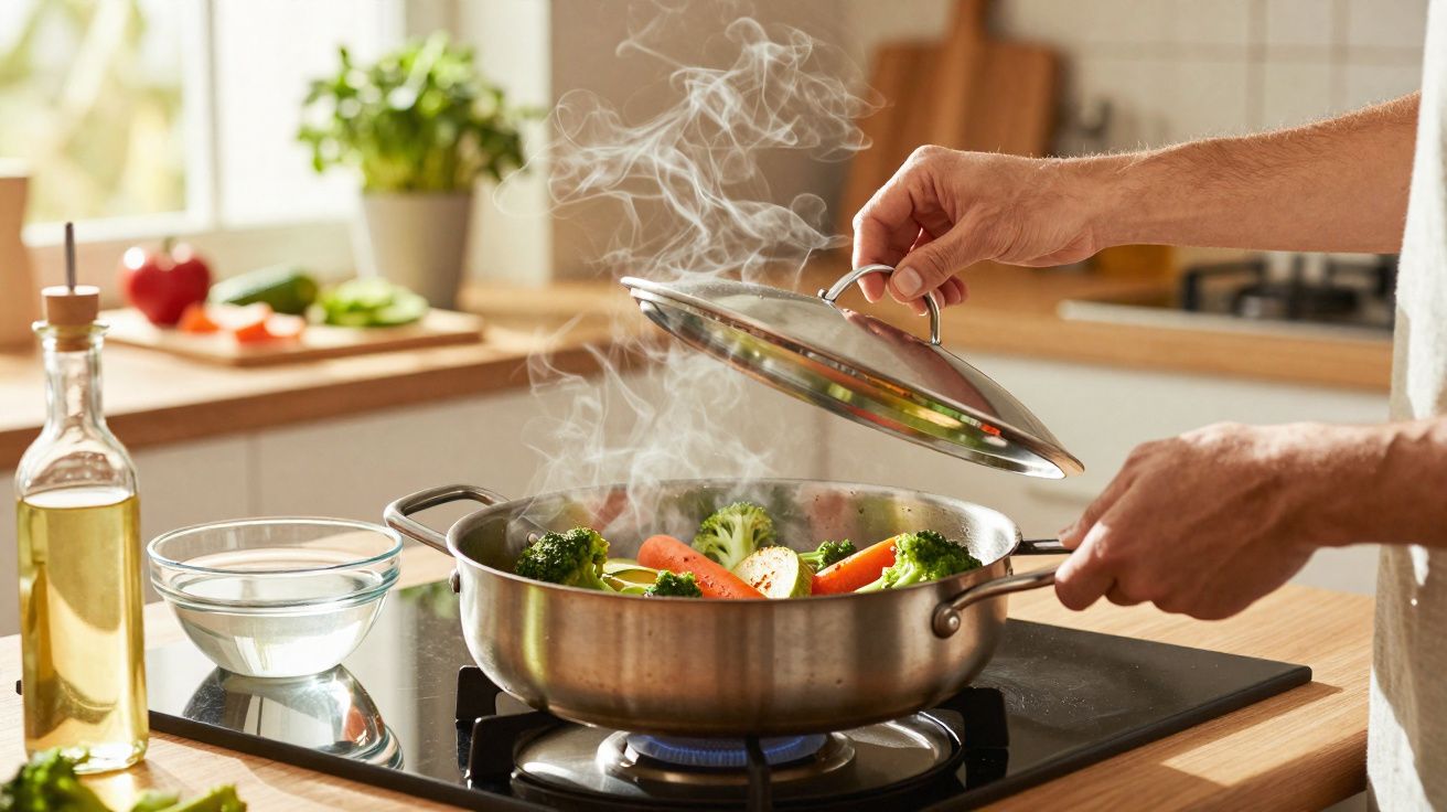 O persoană ridică capacul unei tigăi cu legume aburinde, pe aragaz, într-o bucătărie luminoasă.