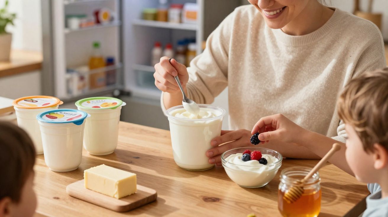 Femeie și copii mănâncă iaurt proaspăt cu fructe și miere la o masă din lemn în bucătărie luminoasă.