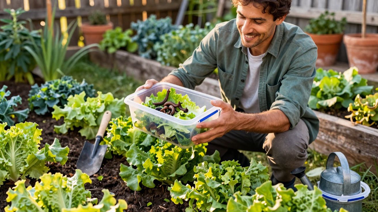 Bărbat tânăr culege salată din grădina de legume, ținând un recipient de plastic cu frunze verzi.