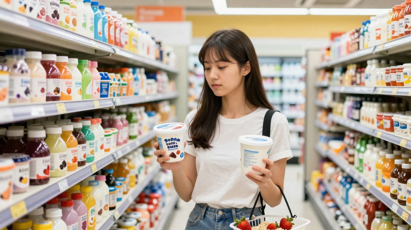 Tânără în magazin, comparând două recipiente de lactate, în timp ce ține un coș cu căpșuni.