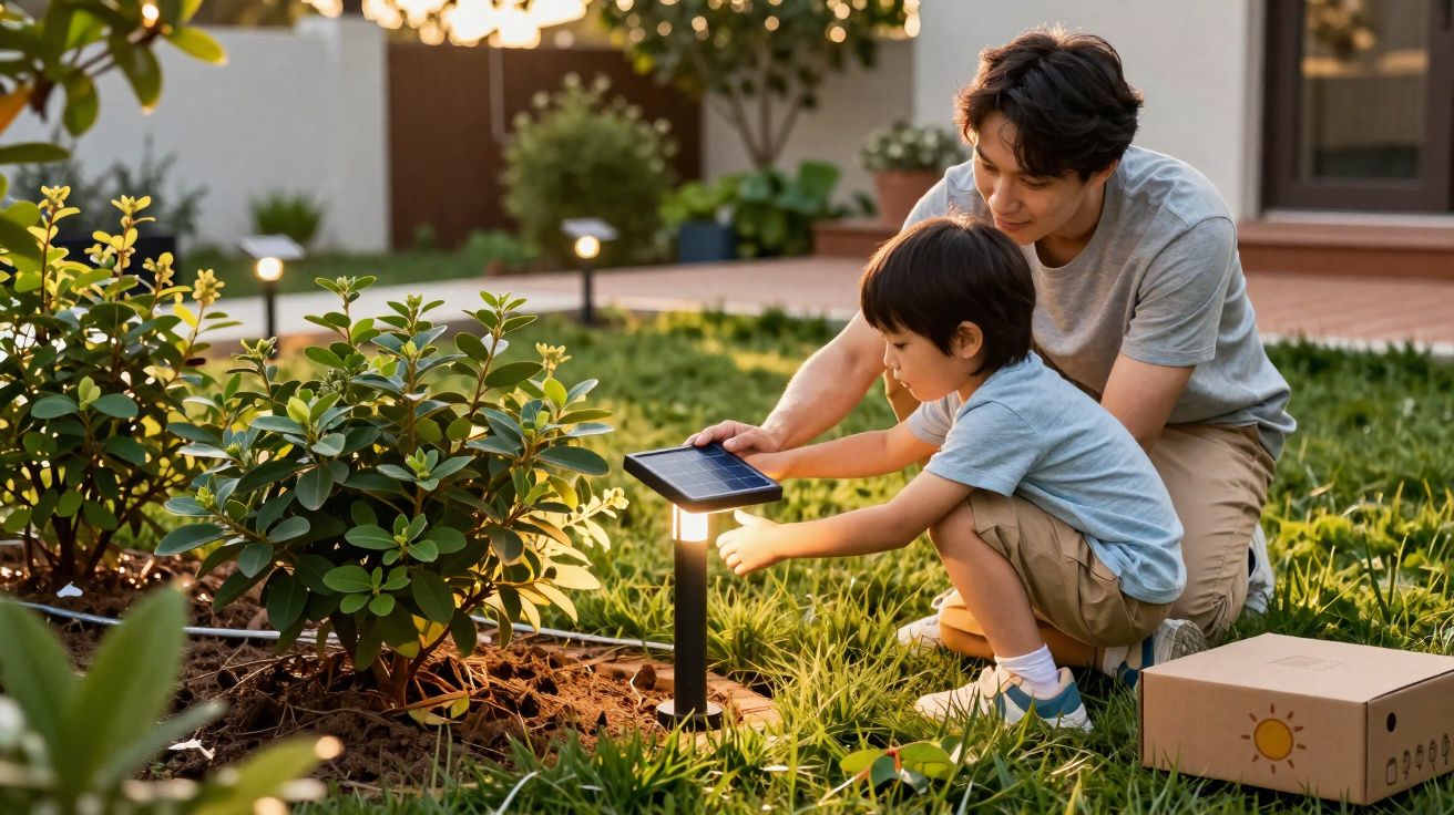Bărbat și copil aranjează o lampă solară în grădină în timpul zilei, cu iarbă și plante în jur.