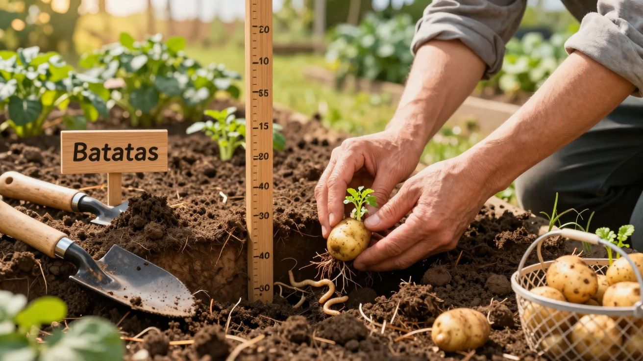 Persoană care plantează un cartof într-o grădină, cu unelte de grădinărit și un coș cu cartofi proaspeți.