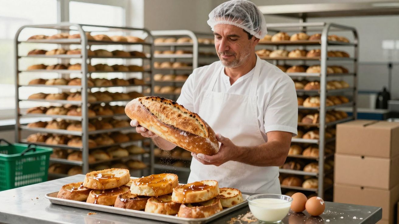 Brutar în halat și bonetă ținând pâine proaspătă într-o brutărie industrială cu produse coapte pe fundal.