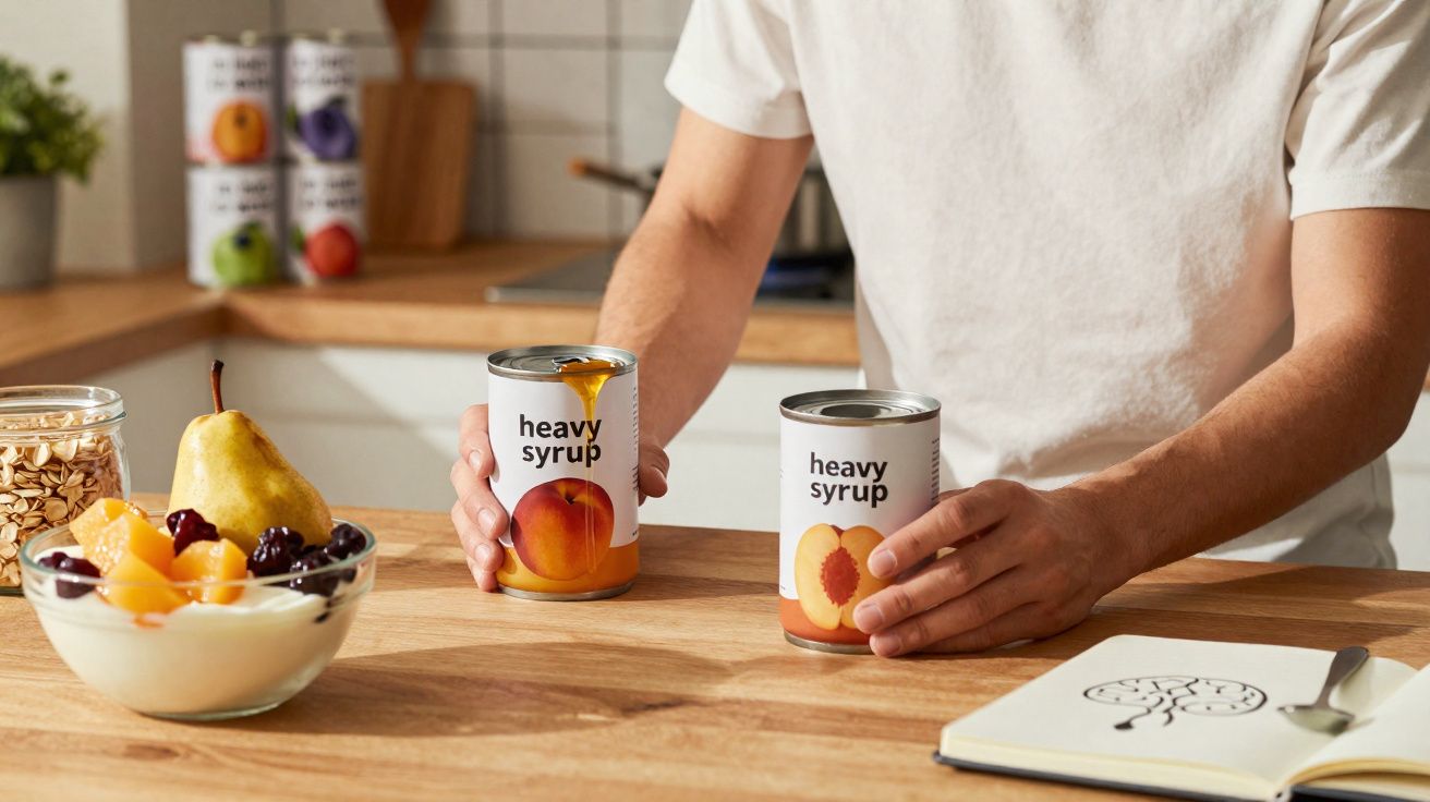 Persoană ținând două conserve de sirop gros pe o masă de bucătărie cu fructe și un caiet.