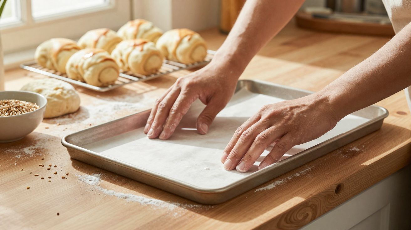 Mâini așezând hârtie de copt într-o tavă metalică pe o masă din lemn cu cornuri coapte în fundal.