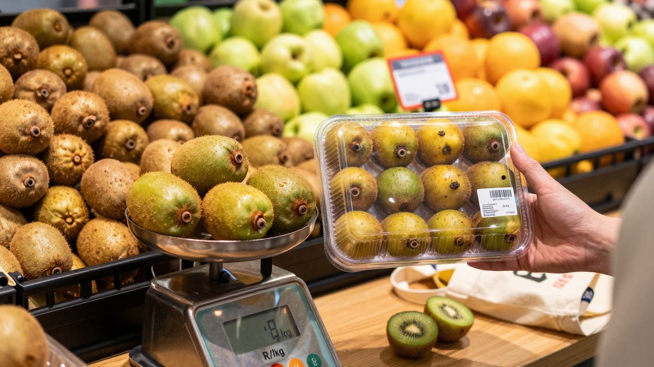 Mână ține o cutie cu kiwi pe lângă un cântar digital și mai multe fructe expuse pe rafturi într-un magazin.
