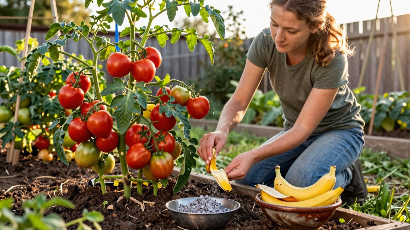 Femeie în grădină care adaugă coajă de banană ca îngrășământ la plantele de roșii coapte.