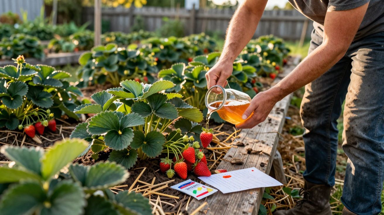 Persoană stropește căpșunile dintr-o grădină cu un lichid galben dintr-un borcan.