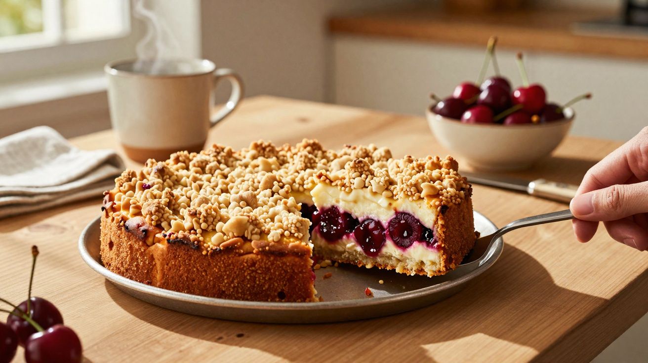 Prăjitură cu cireșe și crumble, cu abur provenind de la o ceașcă de cafea pe fundal, servită pe masă de lemn.