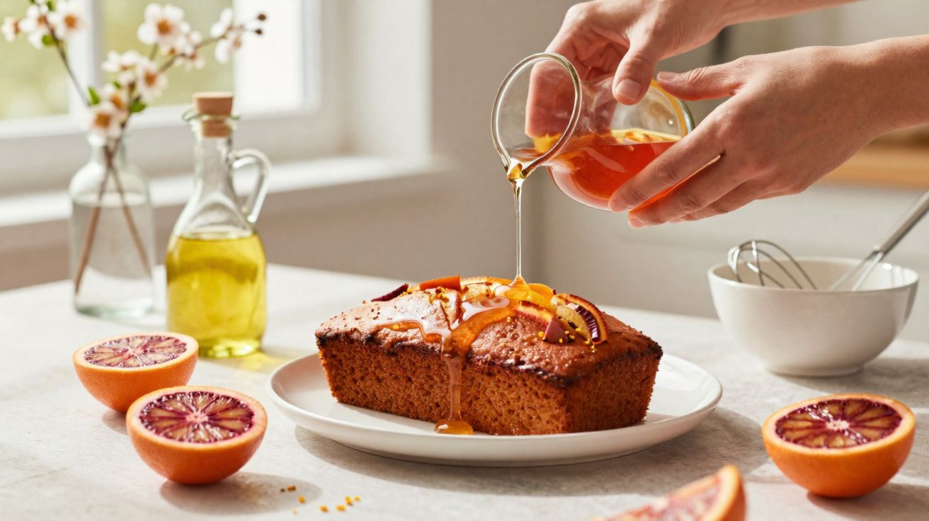 Ceva curge dintr-un recipient peste un chec dreptunghiular pe o farfurie cu felii de portocală sângerie pe masă.