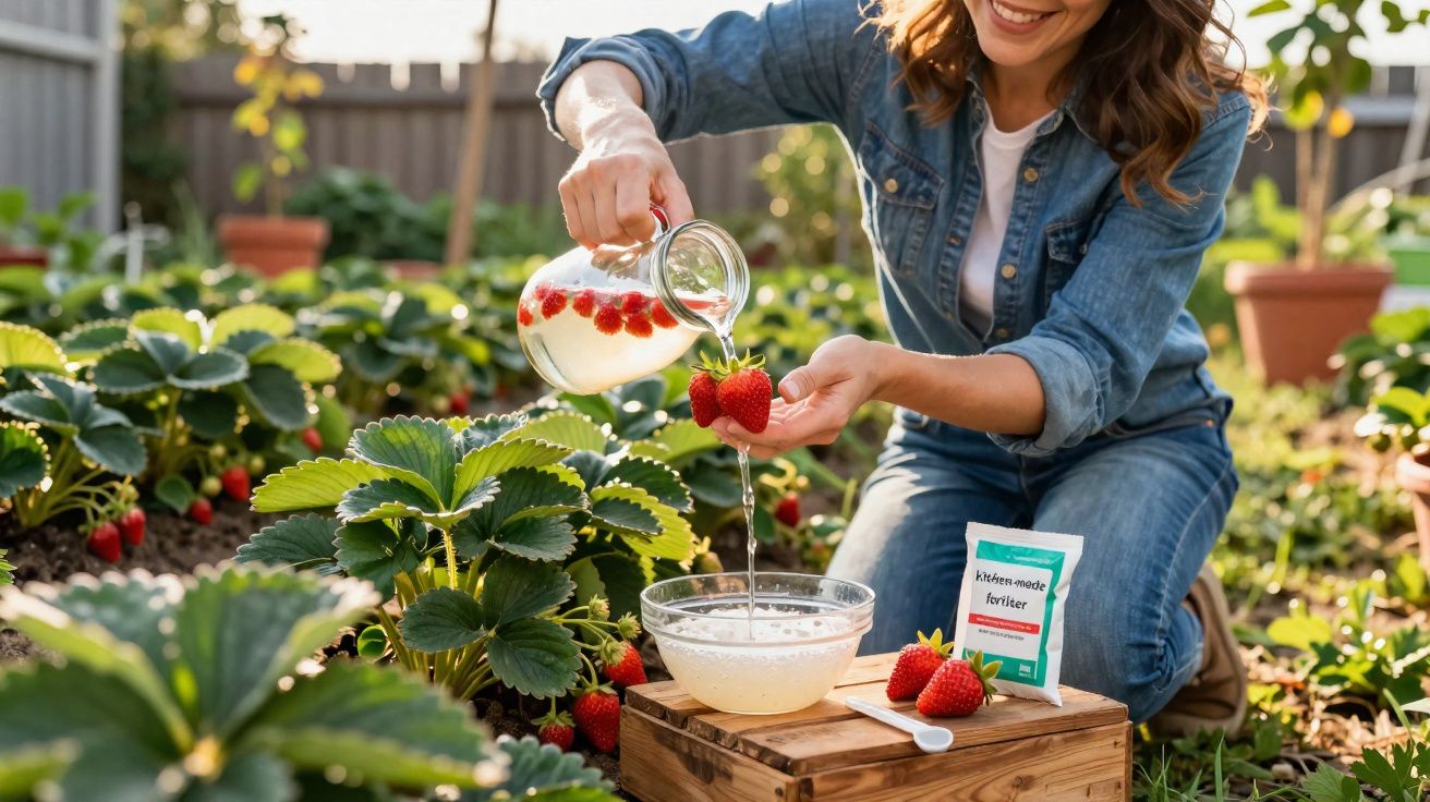 Femeie udând căpșuni în grădina de legume în timpul unei zile însorite de vară.