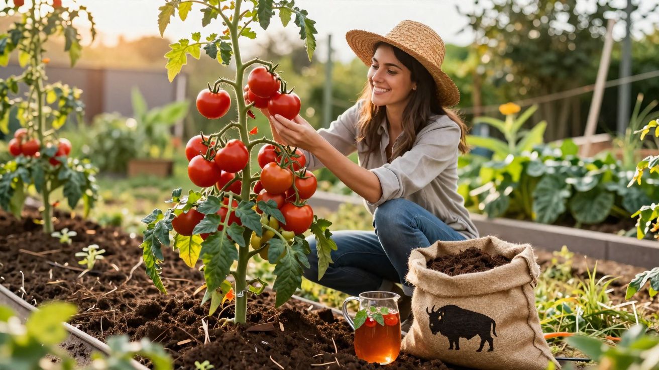 Femeie zâmbitoare cu pălărie culege roșii coapte din grădina sa în timpul serii.