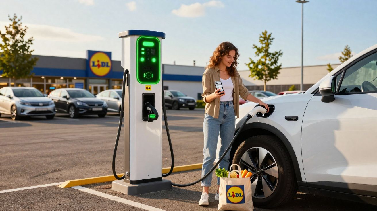 Femeie încărcând o mașină electrică la o stație de încărcare Lidl, cu o sacoșă cu legume lângă ea.