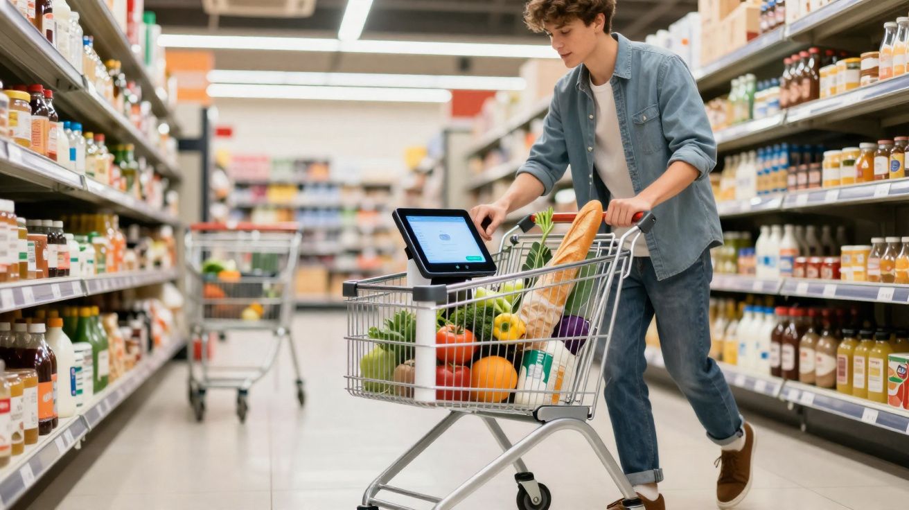 Bărbat tânăr împinge un cărucior de cumpărături cu legume și un ecran digital în supermarket.