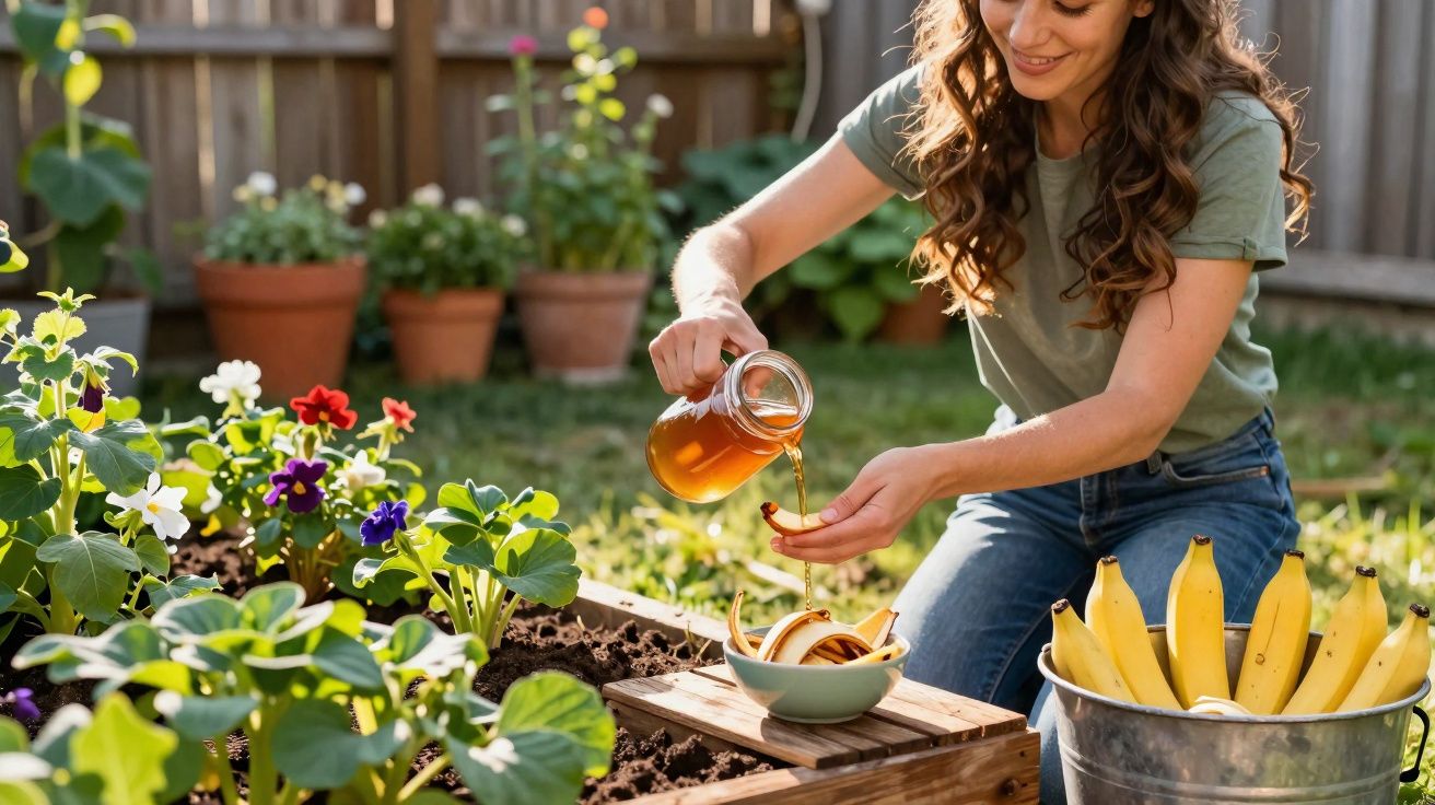 Femeie în grădină toarnă miere peste coji de banane într-un bol, lângă o găleată cu banane.
