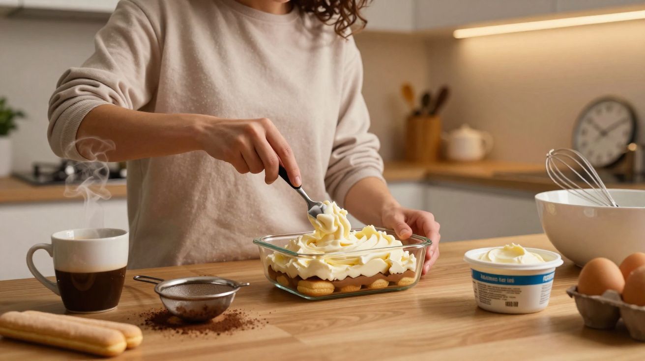 Persoană pregătind desert cu cremă albă într-un vas dreptunghiular, în bucătărie modernă.