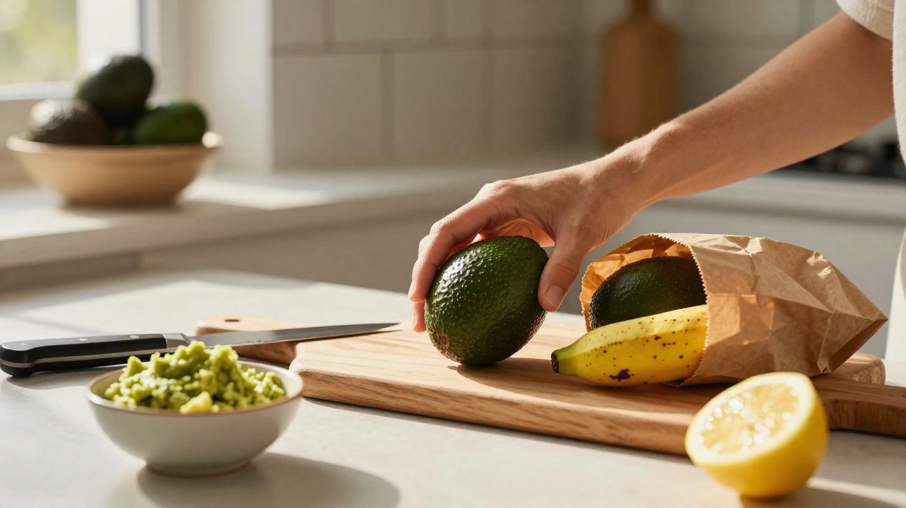 Mână care ia un avocado de pe un tocător cu fructe și o farfurie cu guacamole pe o masă în bucătărie.