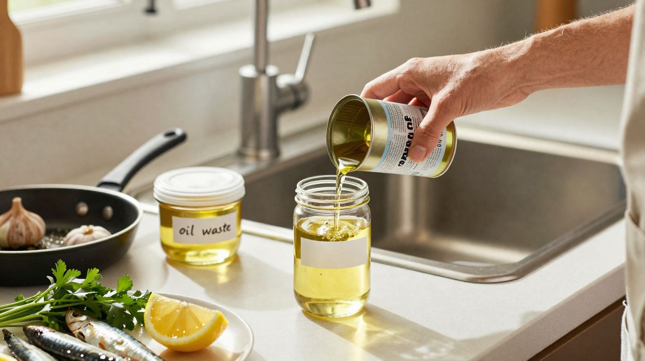 O mână toarnă ulei într-un borcan, pe o blată de bucătărie cu pește, lămâie și usturoi.