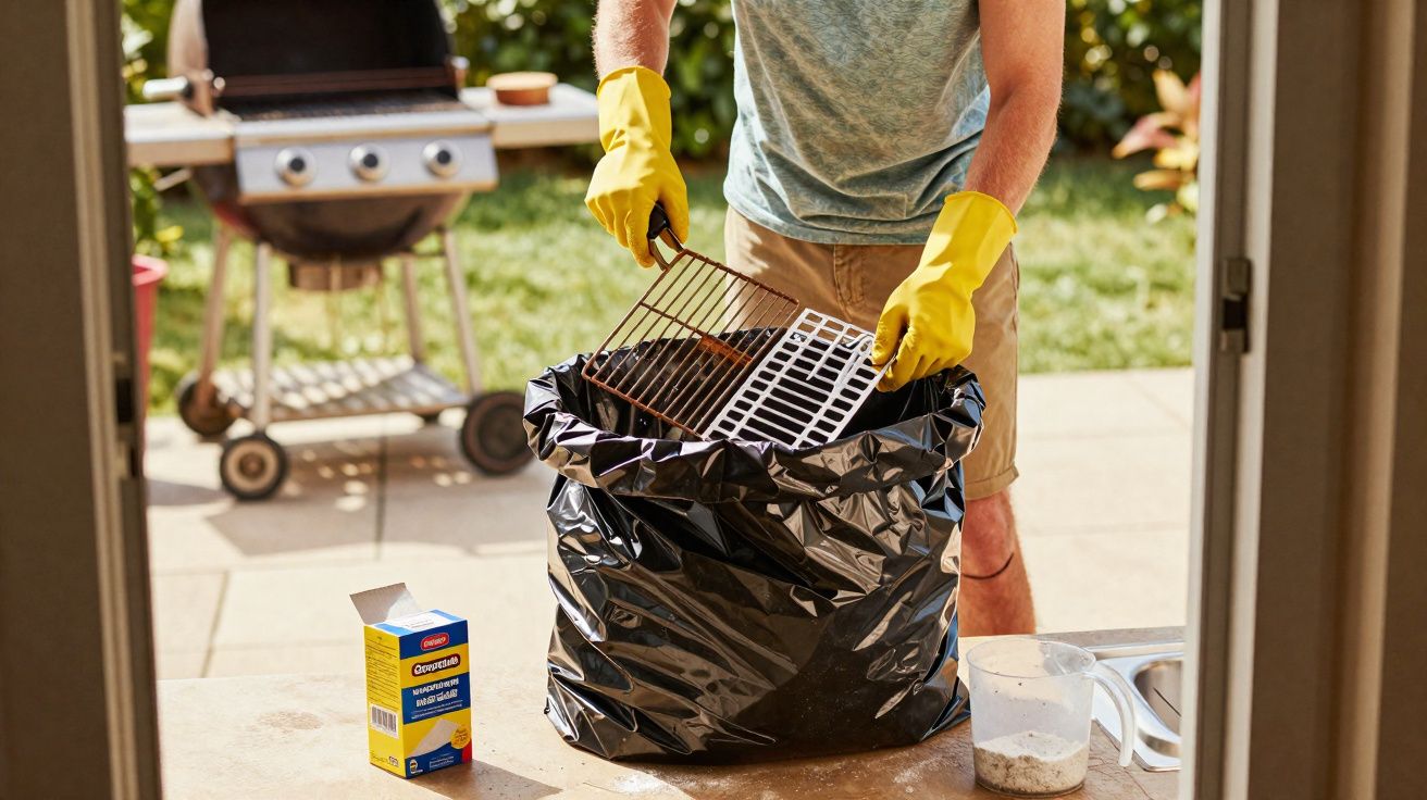 Persoană cu mănuși galbene aruncând grătar murdar într-o pungă neagră în curte la grătar.