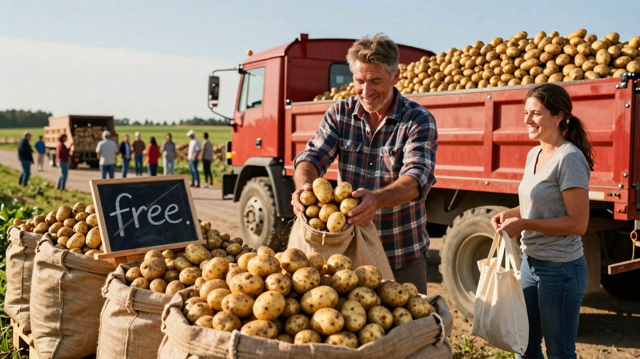 Bărbat care oferă cartofi gratuit într-un câmp, lângă un camion roșu, cu femeie ce așteaptă cu un sac.