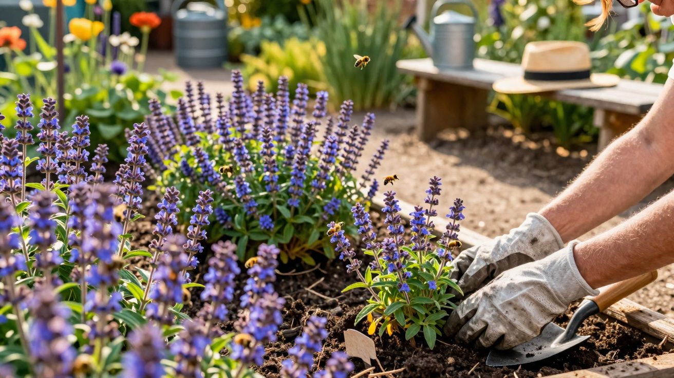 Grădinar cu mănuși plantează flori violet într-o grădină însorită cu albine zburând peste ele.