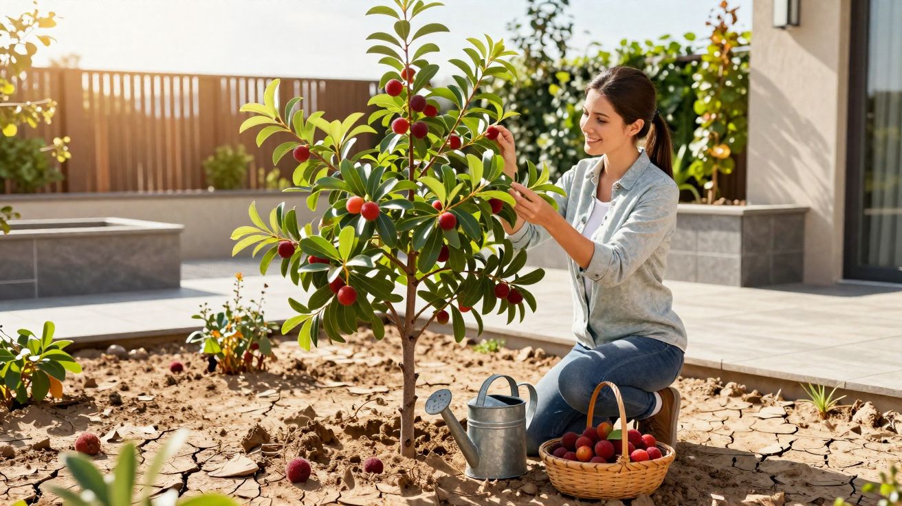 Femeie tânără culege fructe roșii din pom într-o grădină în soare, cu coș și stropitoare lângă ea.