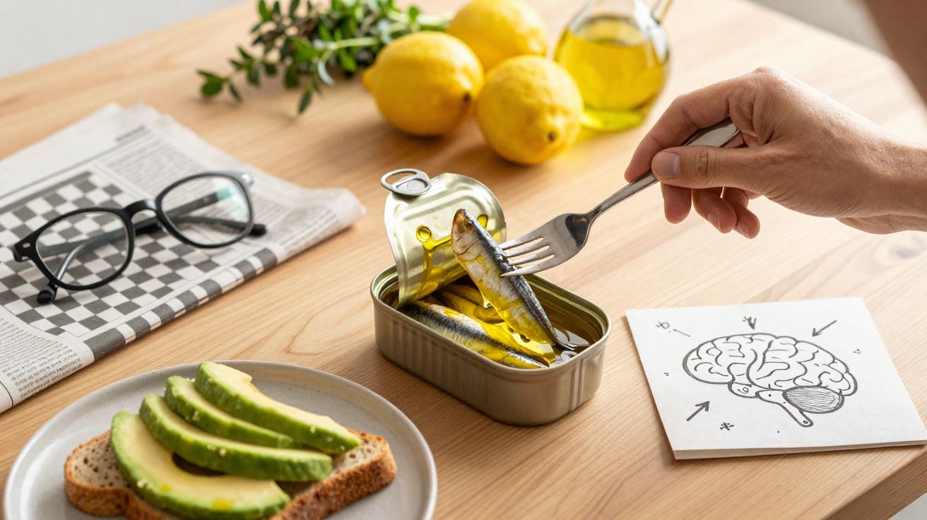 O mână ține o furculiță cu pește dintr-o conservă, lângă o felie de pâine cu avocado și lămâi pe masă.