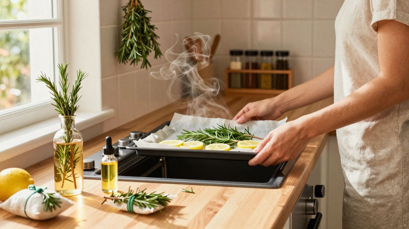 Persoană pregătind tavă cu lămâi și crenguțe de rozmarin pentru cuptor în bucătărie luminosă.