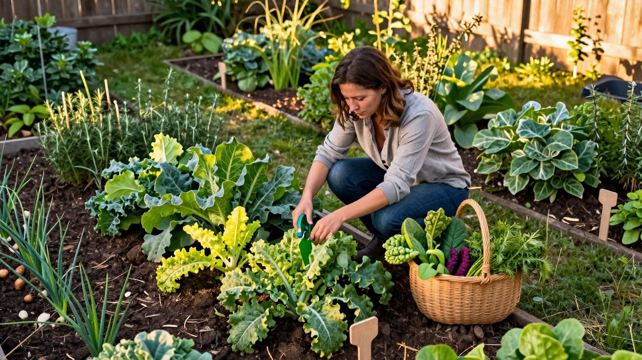 Femeie grădinărind plante verzi într-o grădină de legume, cu coș plin de verdeață lângă ea.