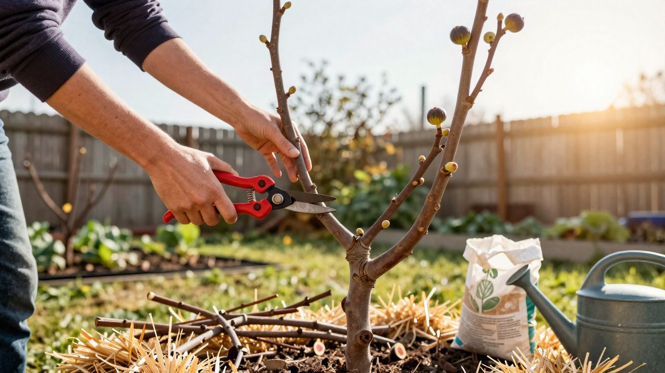 Persoană tunde ramuri uscate de pom fructifer în grădină la apus, folosind foarfecă de grădinărit.
