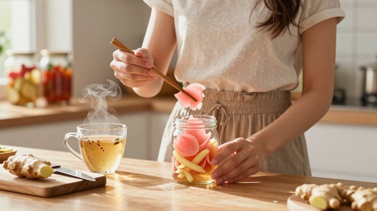 Persoană care folosește bețișoare pentru a pune legume murate într-un borcan pe o masă de lemn.