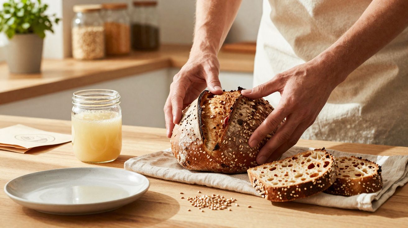 Mâini care țin pâine artizanală cu semințe pe o masă lângă felii de pâine și un borcan cu lichid.