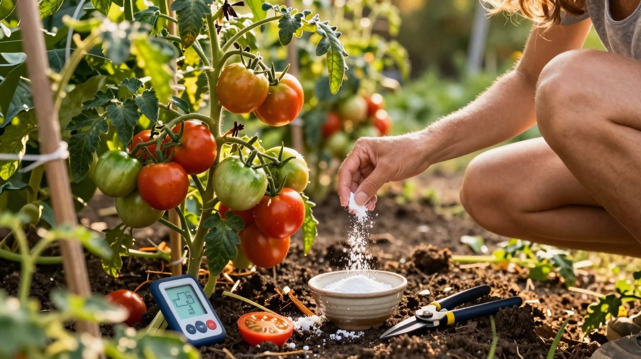 Mână presărând îngrășământ lângă roșii coapte și un instrument de măsurare în grădină.