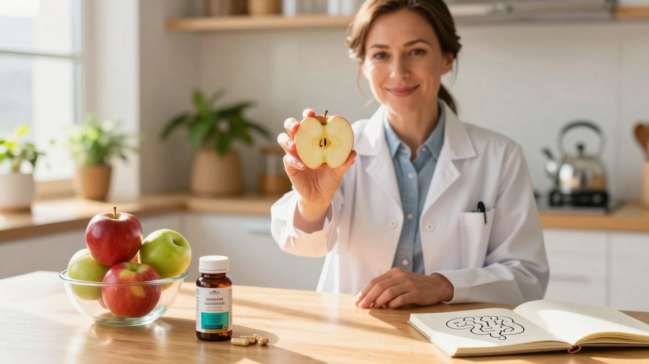 Medic femeie ținând felie de măr, pe masă fructe, medicamente și desen creier, într-un birou luminos.