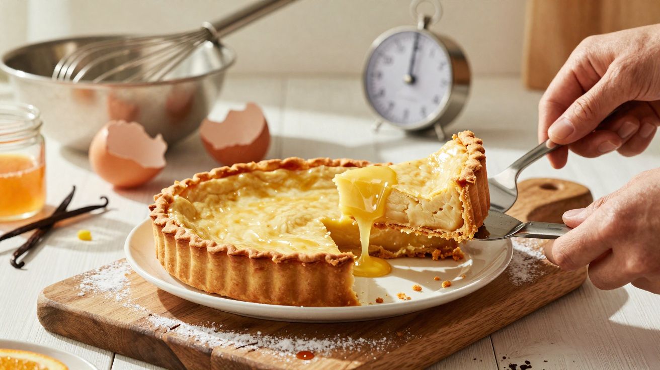 Tartă cu cremă de lămâie, o felie tăiată și curgându-i cremă peste margine, pe fundal ingrediente și ceas.