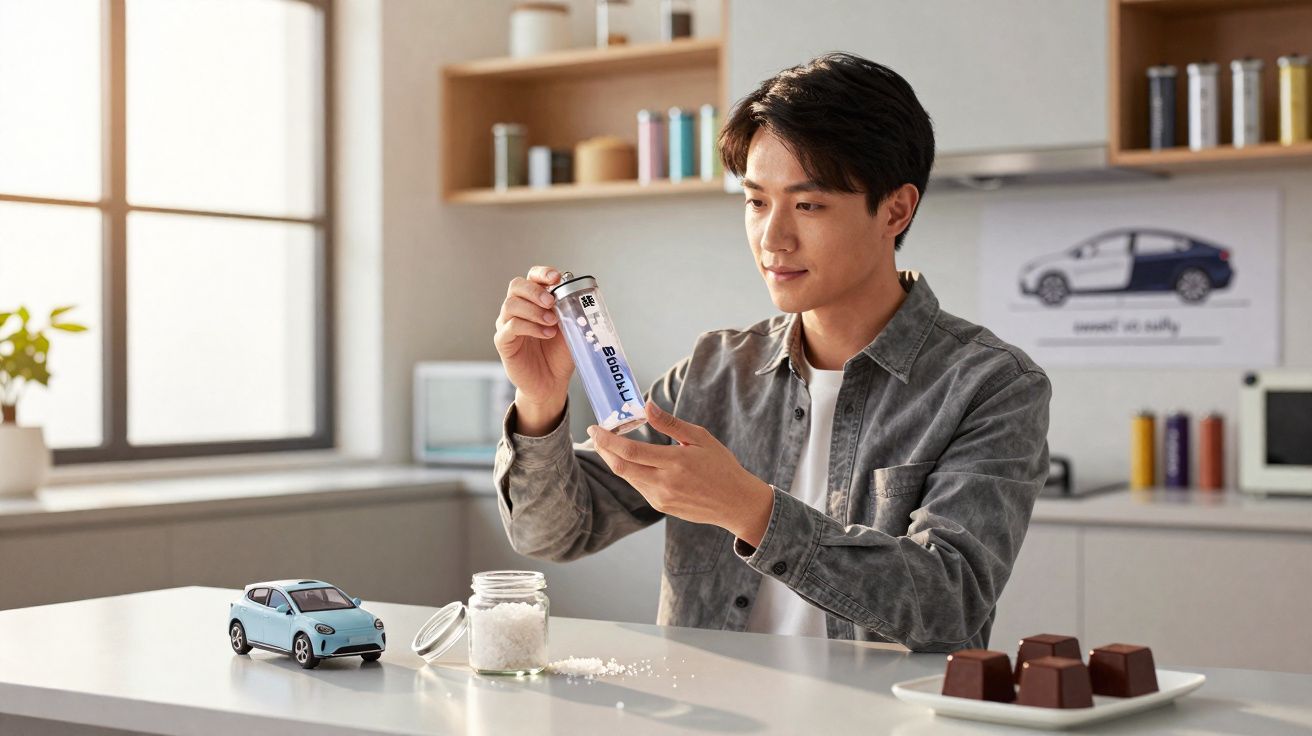 Bărbat ține tub cu tablete efervescente în bucătărie, pe masă miniatură mașină, borcan cu cristale și ciocolată.