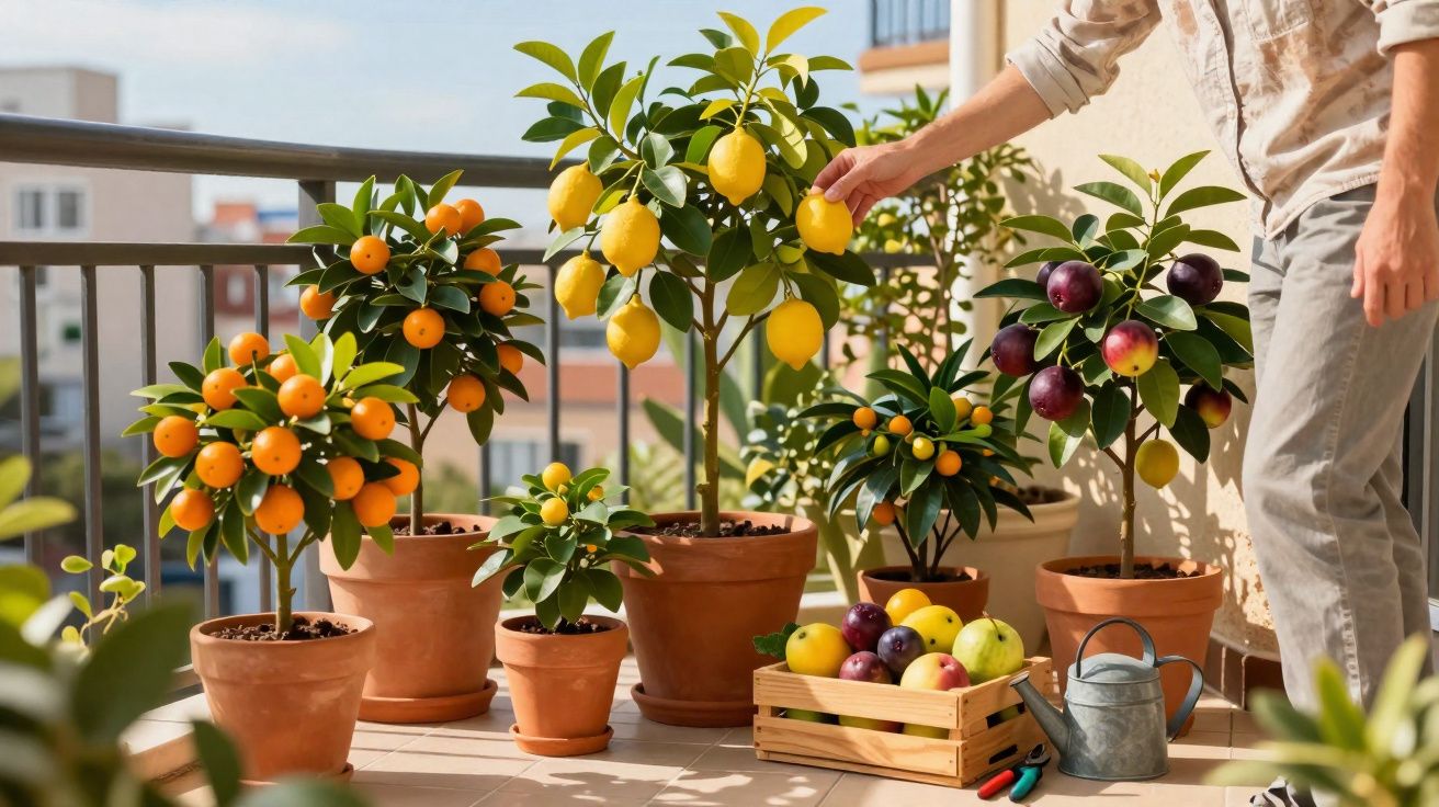 Terasa cu mai mulți arbori fructiferi în ghivece, cu fructe galbene, portocalii și prune, o persoană îngrijește un pom.