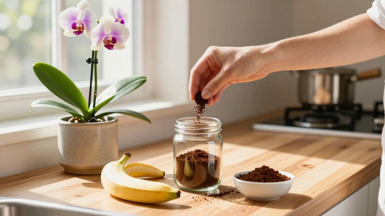 Mână adăugând cafea măcinată într-un borcan pe un blat de bucătărie lângă o banană și o orhidee albă.